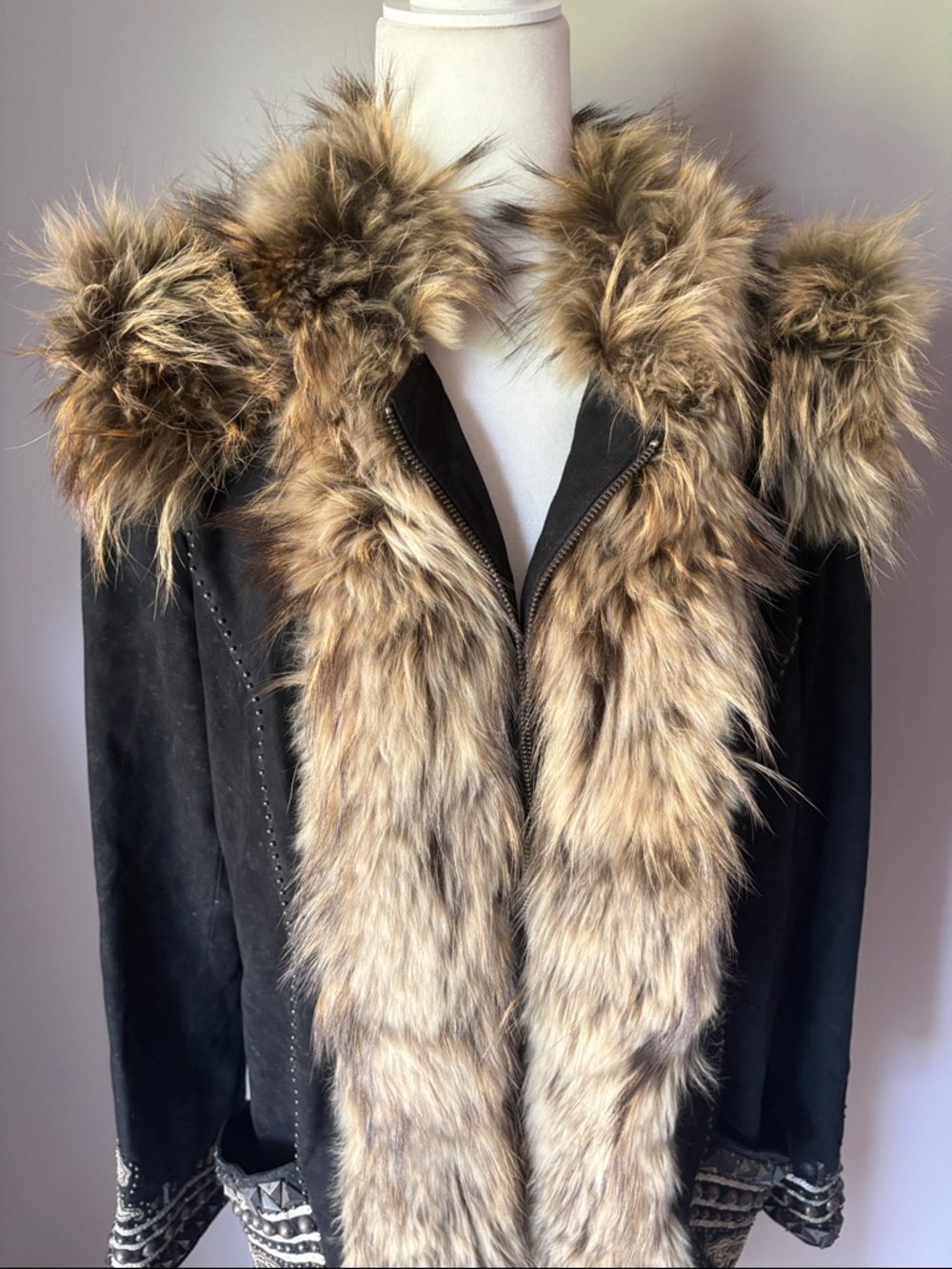 DOUBLE D RANCH Leather Raccoon Fur Trim Festival Boho Penny Lane Trench Jacket - Picture 2 of 10